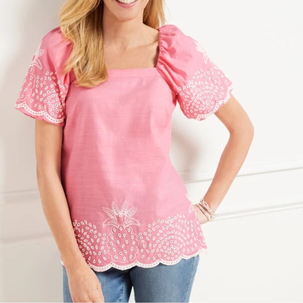 LINEN BLEND SQUARE NECK TOP - EMBROIDERED PINEAPPLE Size L